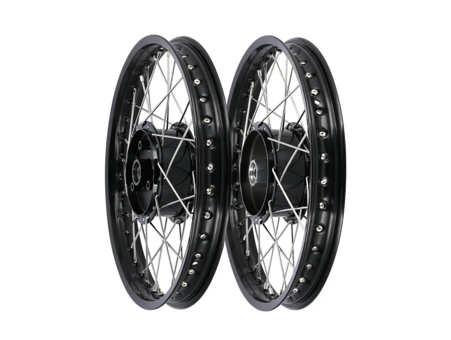 Set: 2x Tuning-Speichenrad 1,5 x 16" Alufelge Schwarz eloxiert + Edelstahlspeichen - für Simson S51, S50, KR51 Schwalbe, SR4