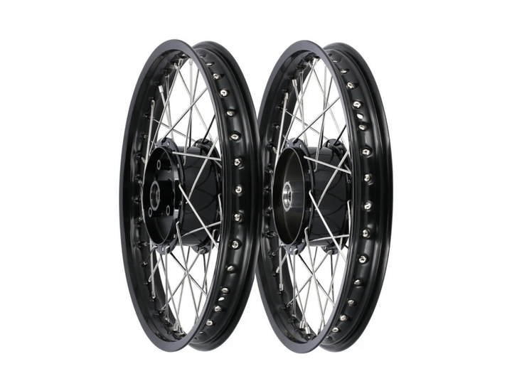 Set: 2x Tuning-Speichenrad 1,5 x 16" Alufelge Schwarz eloxiert + Edelstahlspeichen - für Simson S51, S50, KR51 Schwalbe, SR4